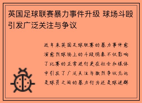 英国足球联赛暴力事件升级 球场斗殴引发广泛关注与争议