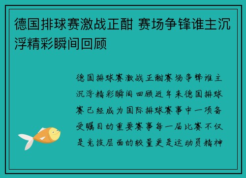 德国排球赛激战正酣 赛场争锋谁主沉浮精彩瞬间回顾